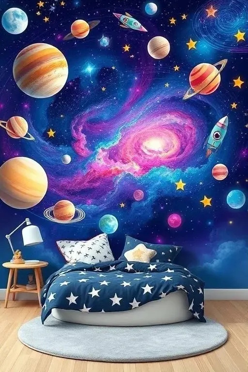 Galactic Dreams - Why should walls be bound by earthly colors? Paint a dreamy galaxy mural with swirling blues, purples, and sparkles that mimic stars. This whimsical design opens up a world of imagination and provides a cozy backdrop for nights filled with stories and stargazing, making it perfect for bedrooms.